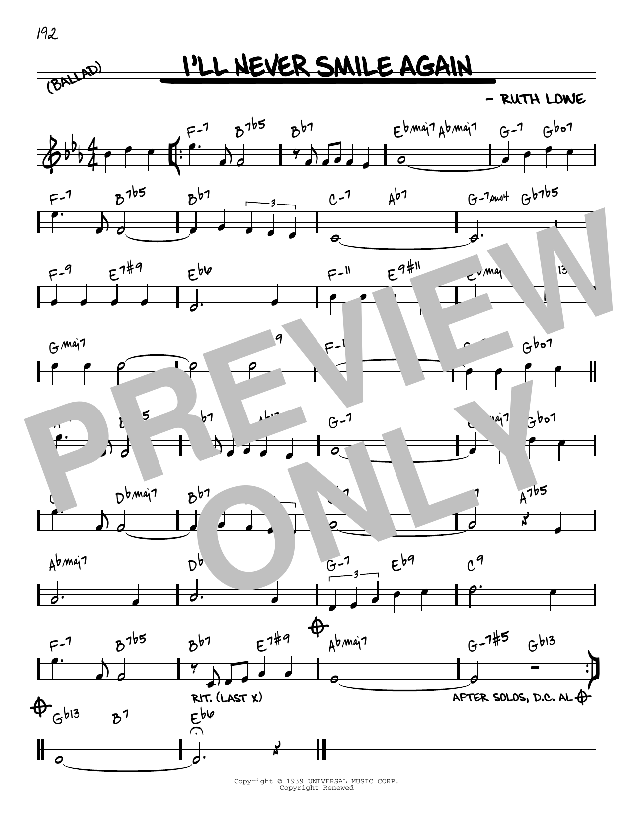Download Tommy Dorsey & His Orchestra I'll Never Smile Again [Reharmonized version] (arr. Jack Grassel) Sheet Music and learn how to play Real Book – Melody & Chords PDF digital score in minutes