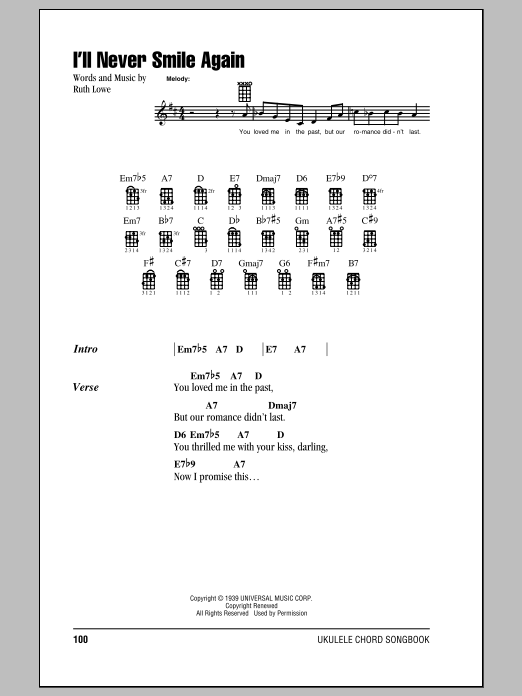 Download Tommy Dorsey & His Orchestra I'll Never Smile Again Sheet Music and learn how to play Ukulele with strumming patterns PDF digital score in minutes