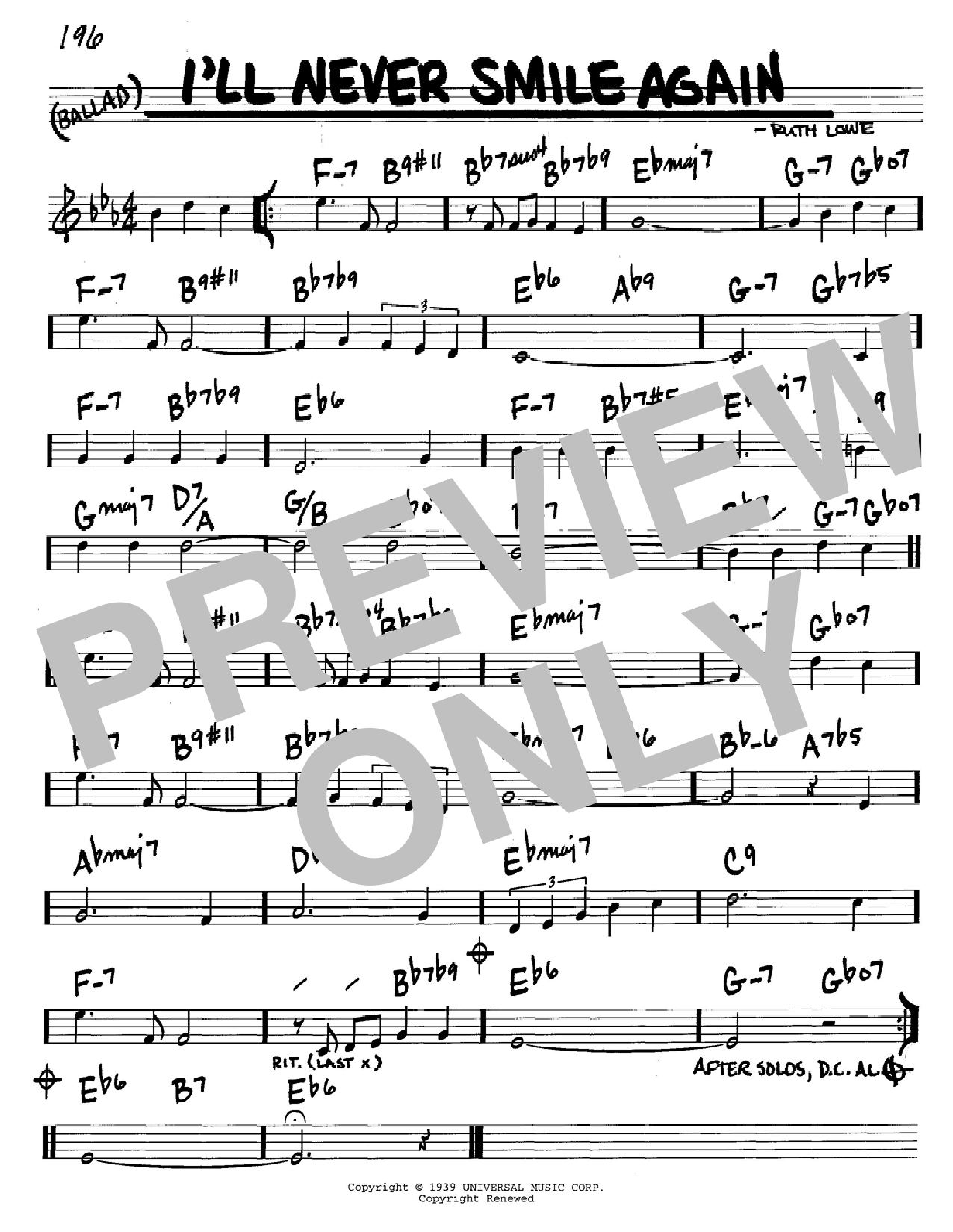 Download Tommy Dorsey I'll Never Smile Again Sheet Music and learn how to play Real Book - Melody & Chords - Bass Clef Instruments PDF digital score in minutes