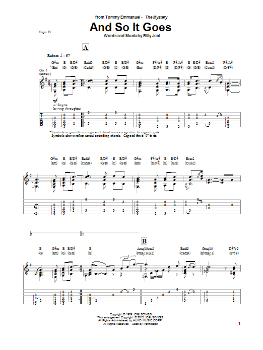 Download Tommy Emmanuel And So It Goes Sheet Music and learn how to play Guitar Tab PDF digital score in minutes