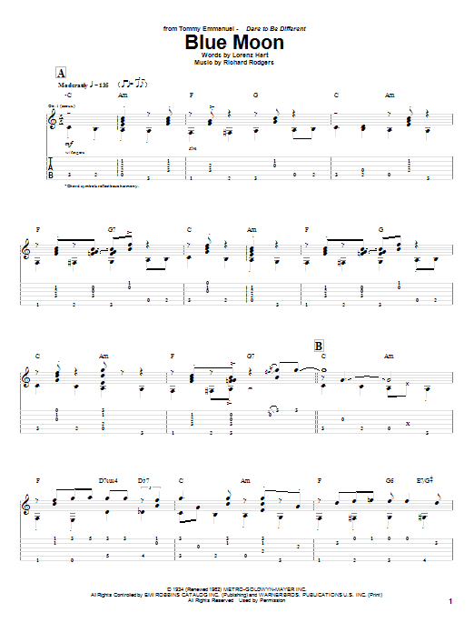 Download Tommy Emmanuel Blue Moon Sheet Music and learn how to play Guitar Tab PDF digital score in minutes