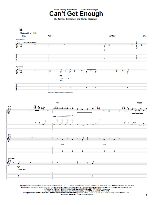 Download Tommy Emmanuel Can't Get Enough Sheet Music and learn how to play Guitar Tab PDF digital score in minutes