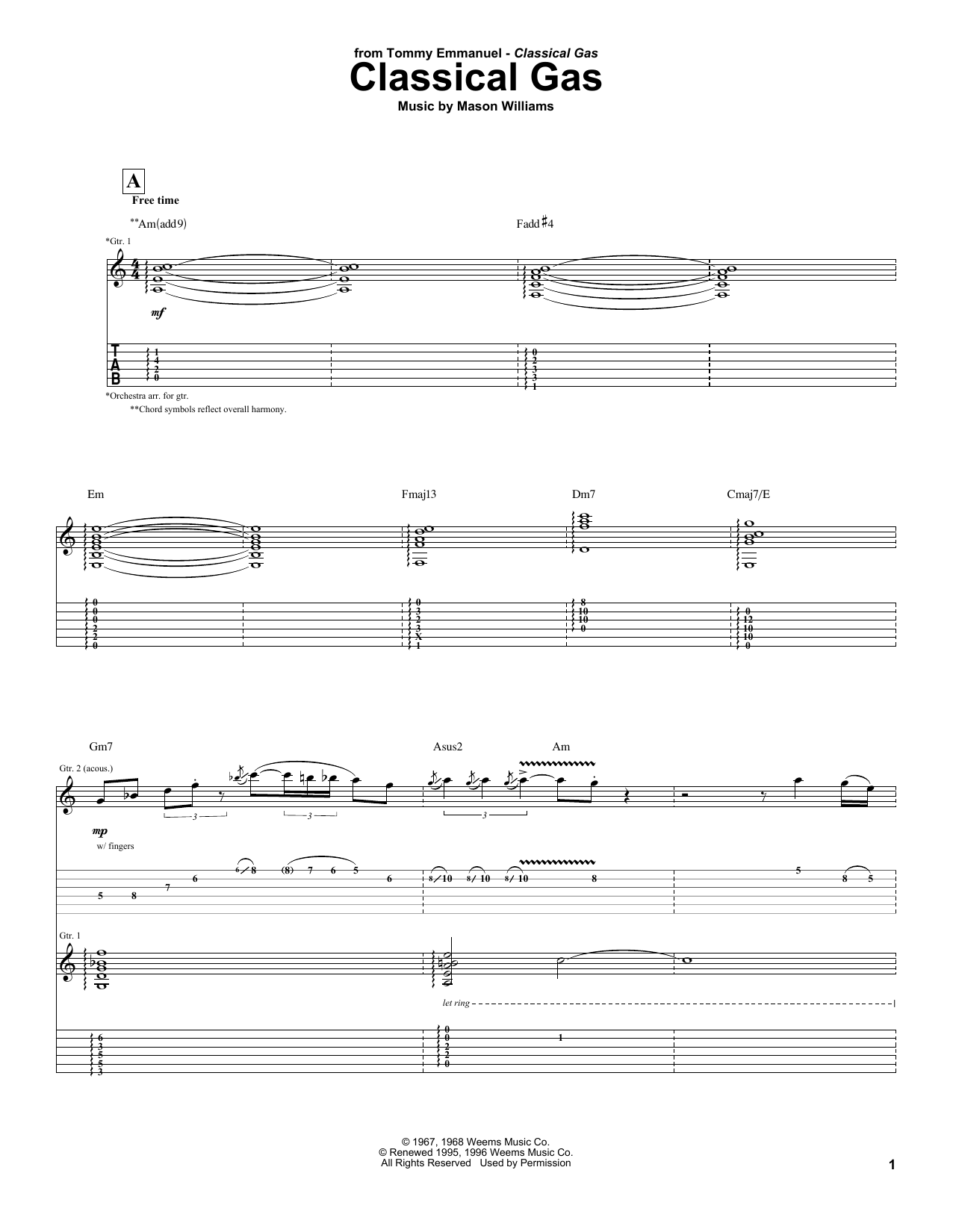 Download Tommy Emmanuel Classical Gas Sheet Music and learn how to play Guitar Tab PDF digital score in minutes