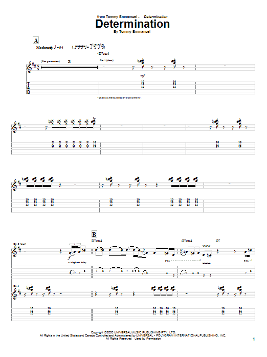 Download Tommy Emmanuel Determination Sheet Music and learn how to play Guitar Tab PDF digital score in minutes