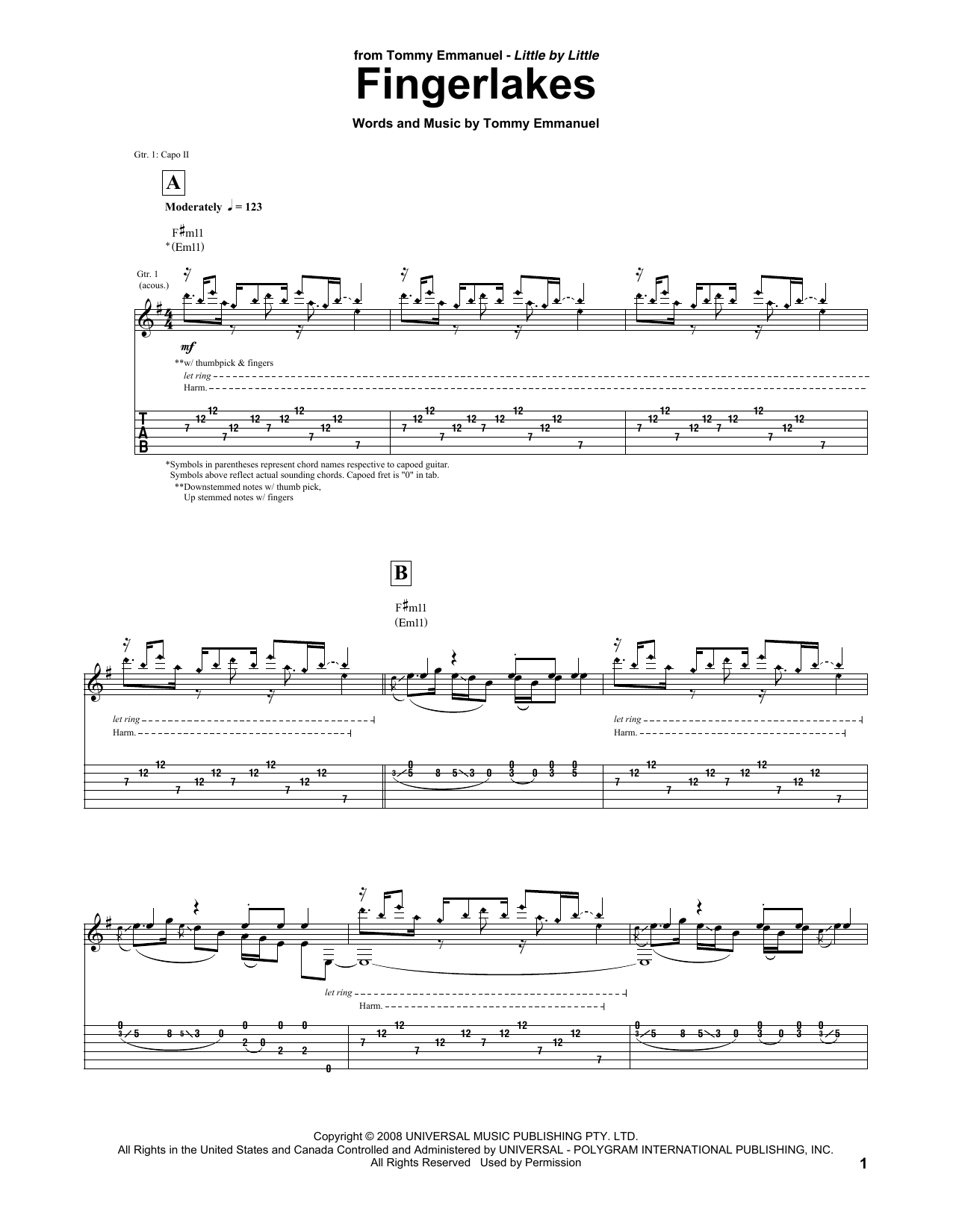 Download Tommy Emmanuel Fingerlakes Sheet Music and learn how to play Guitar Tab PDF digital score in minutes
