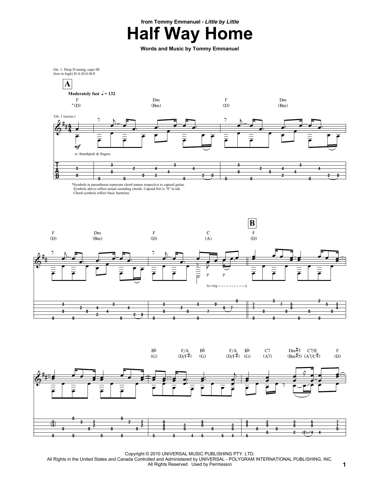 Download Tommy Emmanuel Half Way Home Sheet Music and learn how to play Guitar Tab PDF digital score in minutes