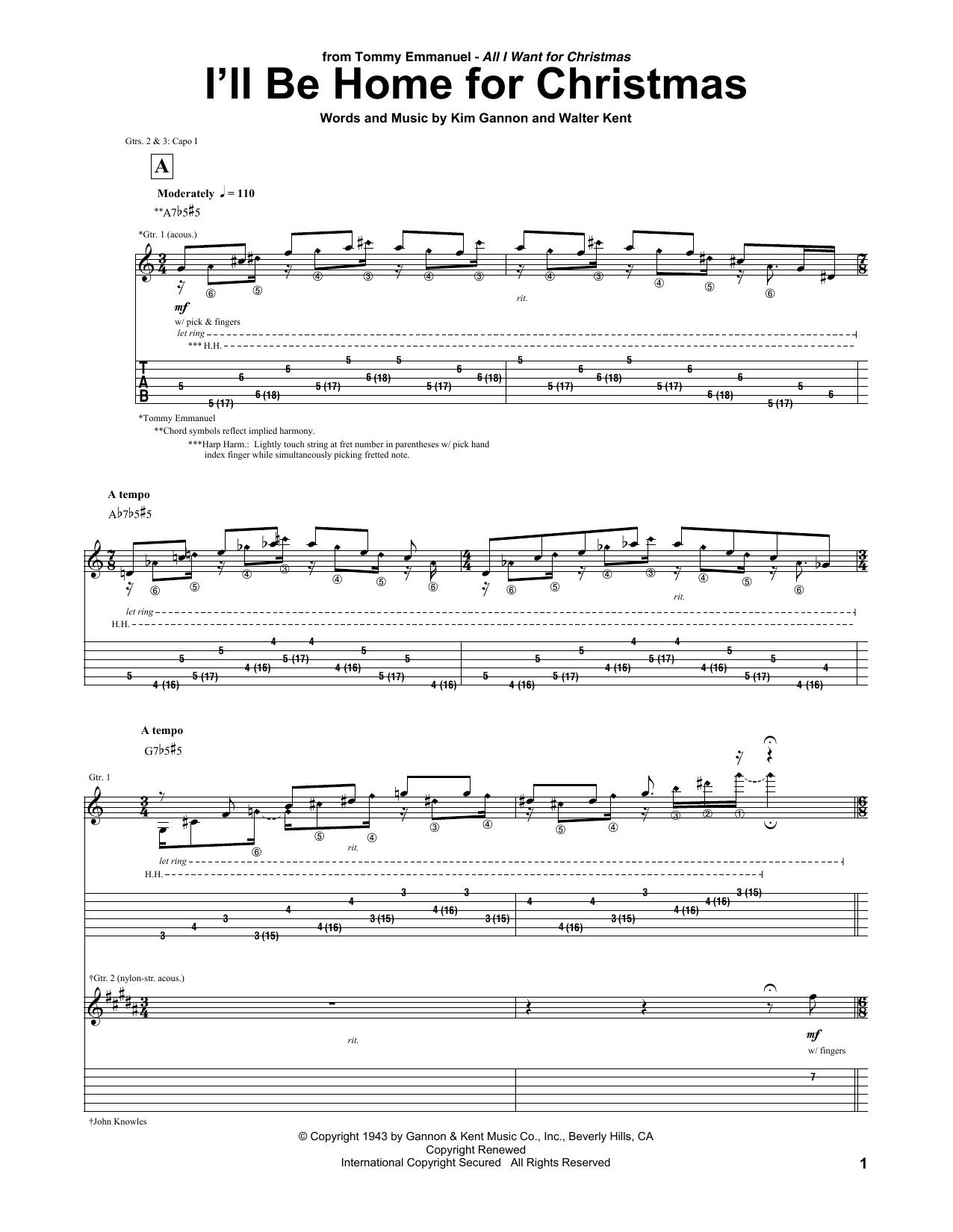 Download Tommy Emmanuel I'll Be Home For Christmas Sheet Music and learn how to play Guitar Tab PDF digital score in minutes