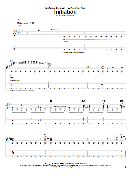Download Tommy Emmanuel Initiation Sheet Music and learn how to play Guitar Tab PDF digital score in minutes