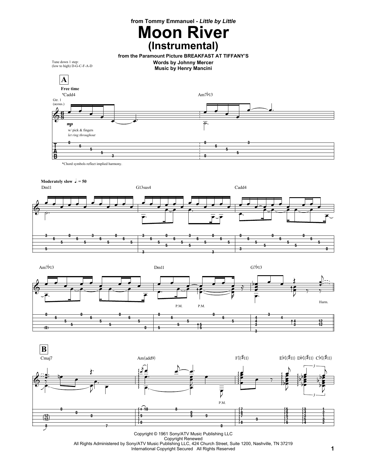 Download Tommy Emmanuel Moon River Sheet Music and learn how to play Guitar Tab PDF digital score in minutes