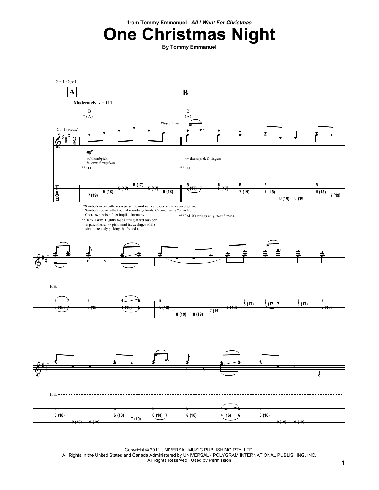 Download Tommy Emmanuel One Christmas Night Sheet Music and learn how to play Guitar Tab PDF digital score in minutes