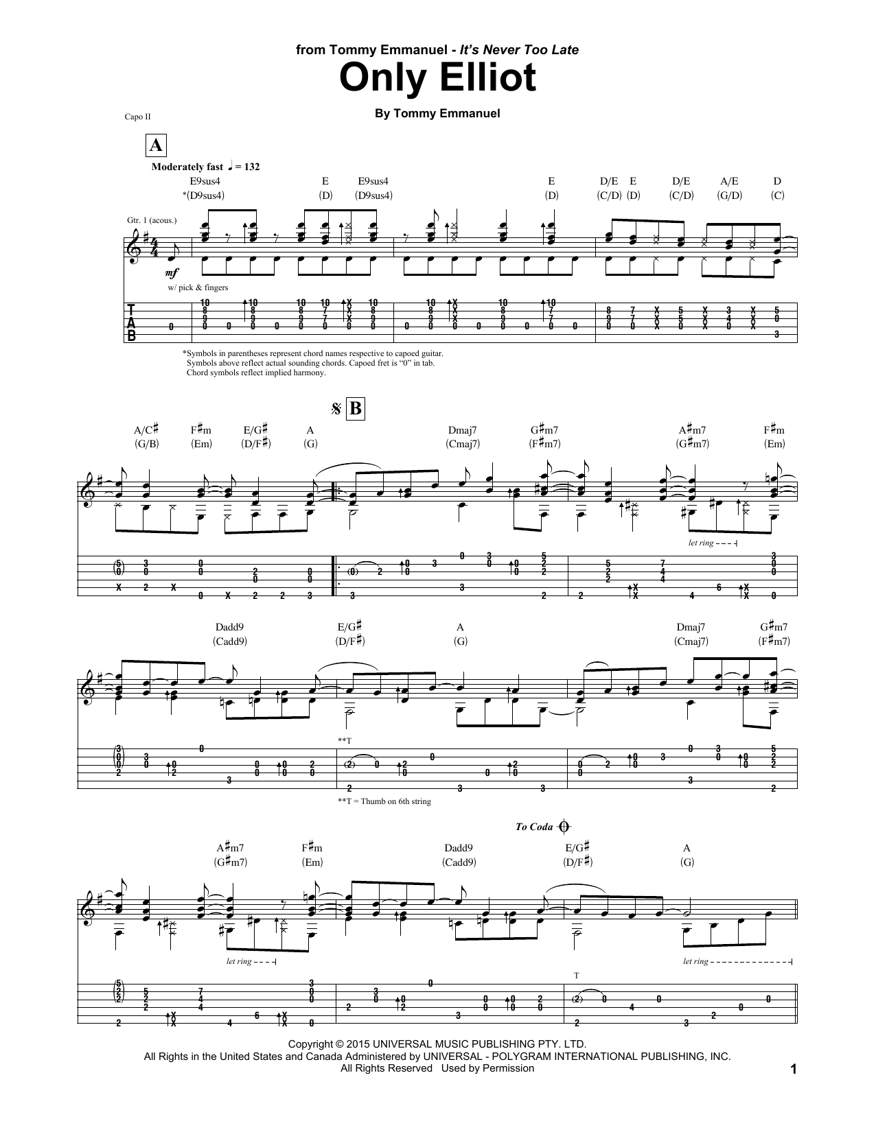 Download Tommy Emmanuel Only Elliot Sheet Music and learn how to play Guitar Tab PDF digital score in minutes