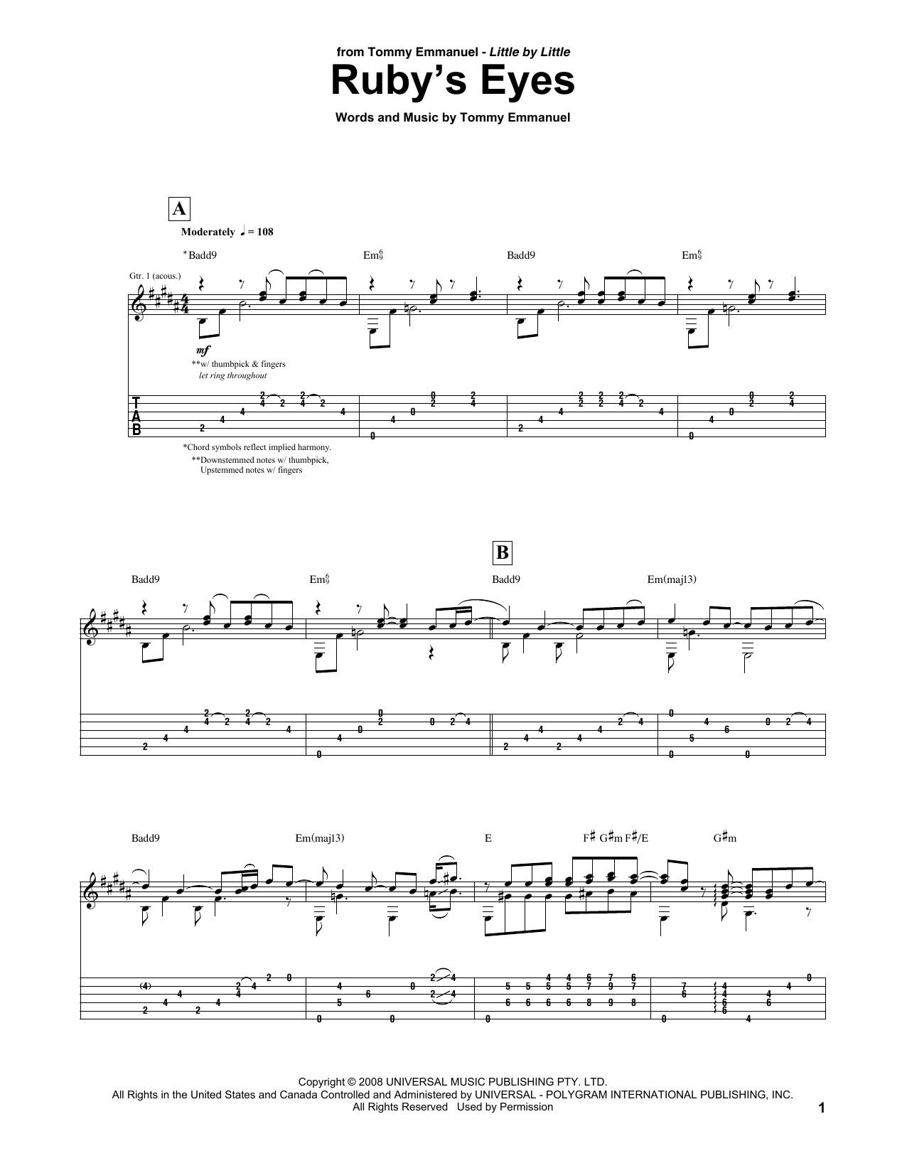 Download Tommy Emmanuel Ruby's Eyes Sheet Music and learn how to play Guitar Tab PDF digital score in minutes