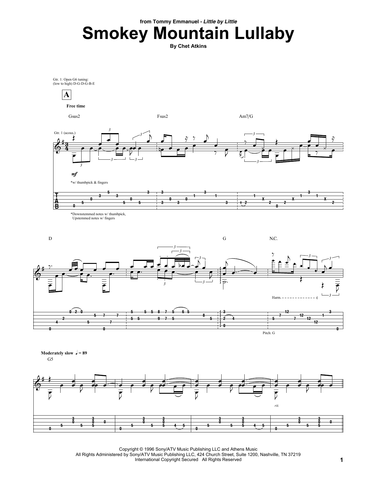 Download Tommy Emmanuel Smokey Mountain Lullaby Sheet Music and learn how to play Guitar Tab PDF digital score in minutes