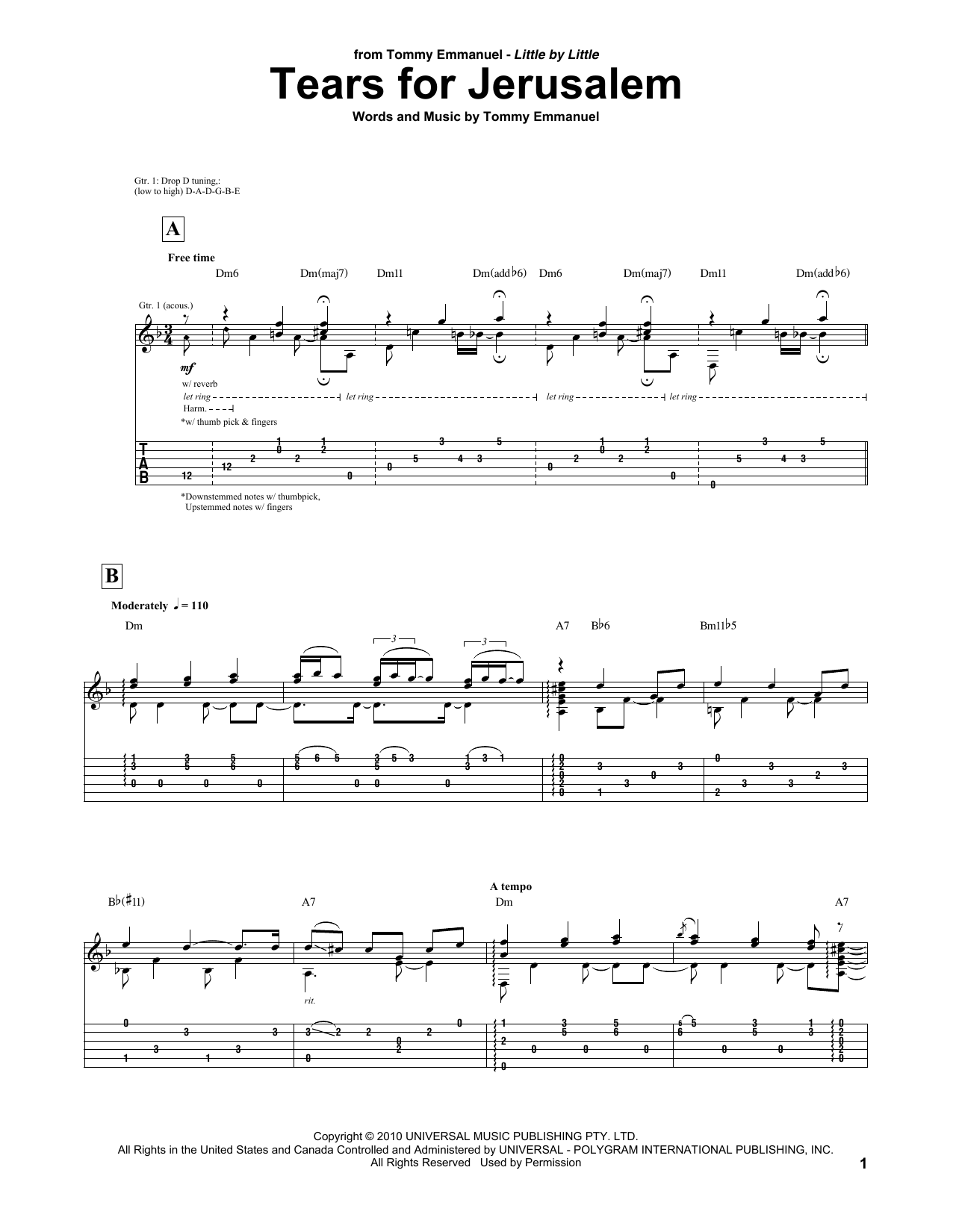 Download Tommy Emmanuel Tears For Jerusalem Sheet Music and learn how to play Guitar Tab PDF digital score in minutes