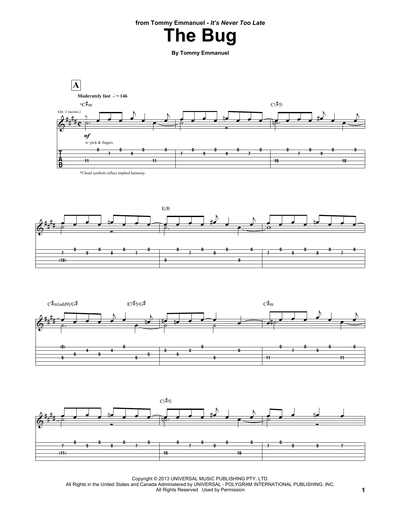 Download Tommy Emmanuel The Bug Sheet Music and learn how to play Guitar Tab PDF digital score in minutes