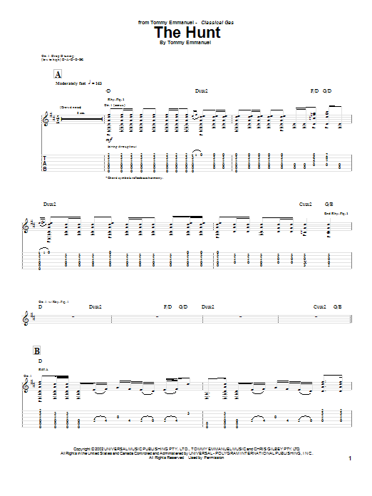 Download Tommy Emmanuel The Hunt Sheet Music and learn how to play Guitar Tab PDF digital score in minutes