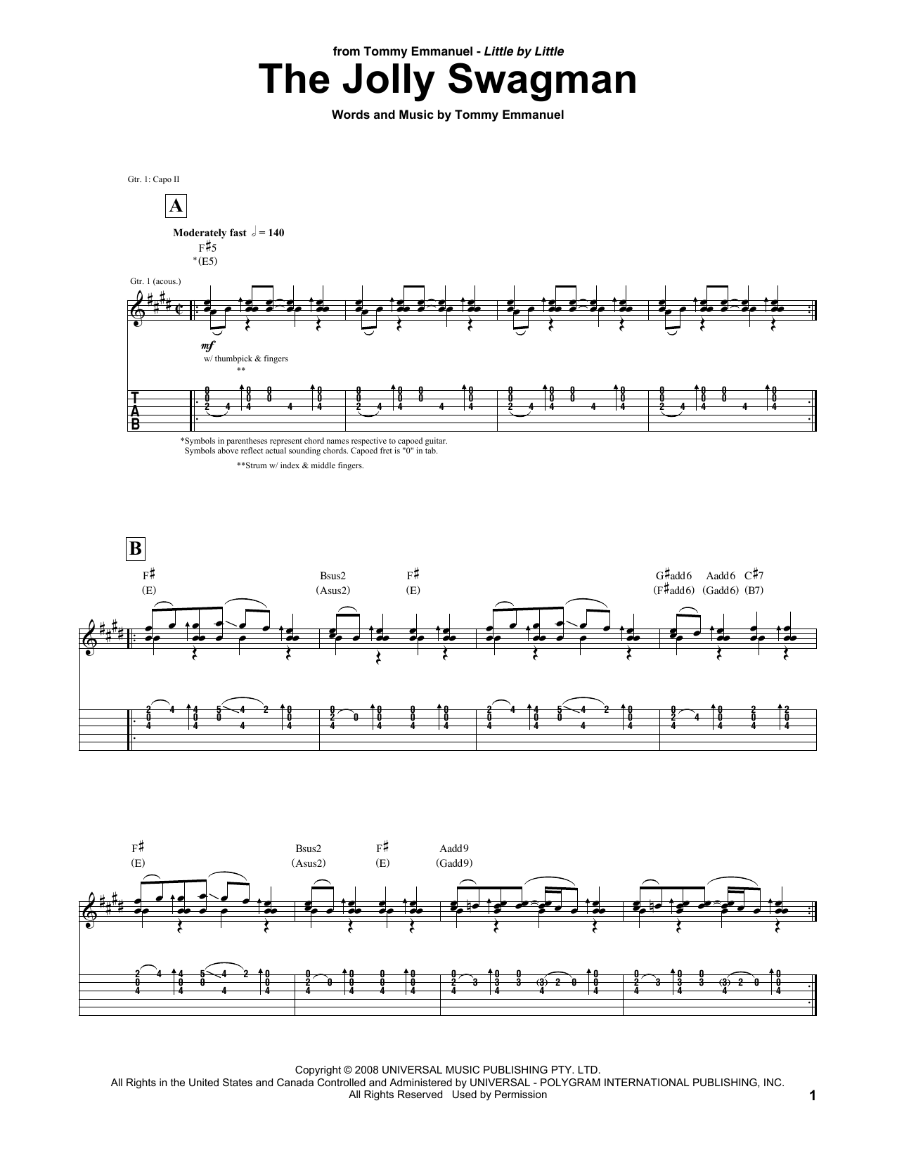 Download Tommy Emmanuel The Jolly Swagman Sheet Music and learn how to play Guitar Tab PDF digital score in minutes