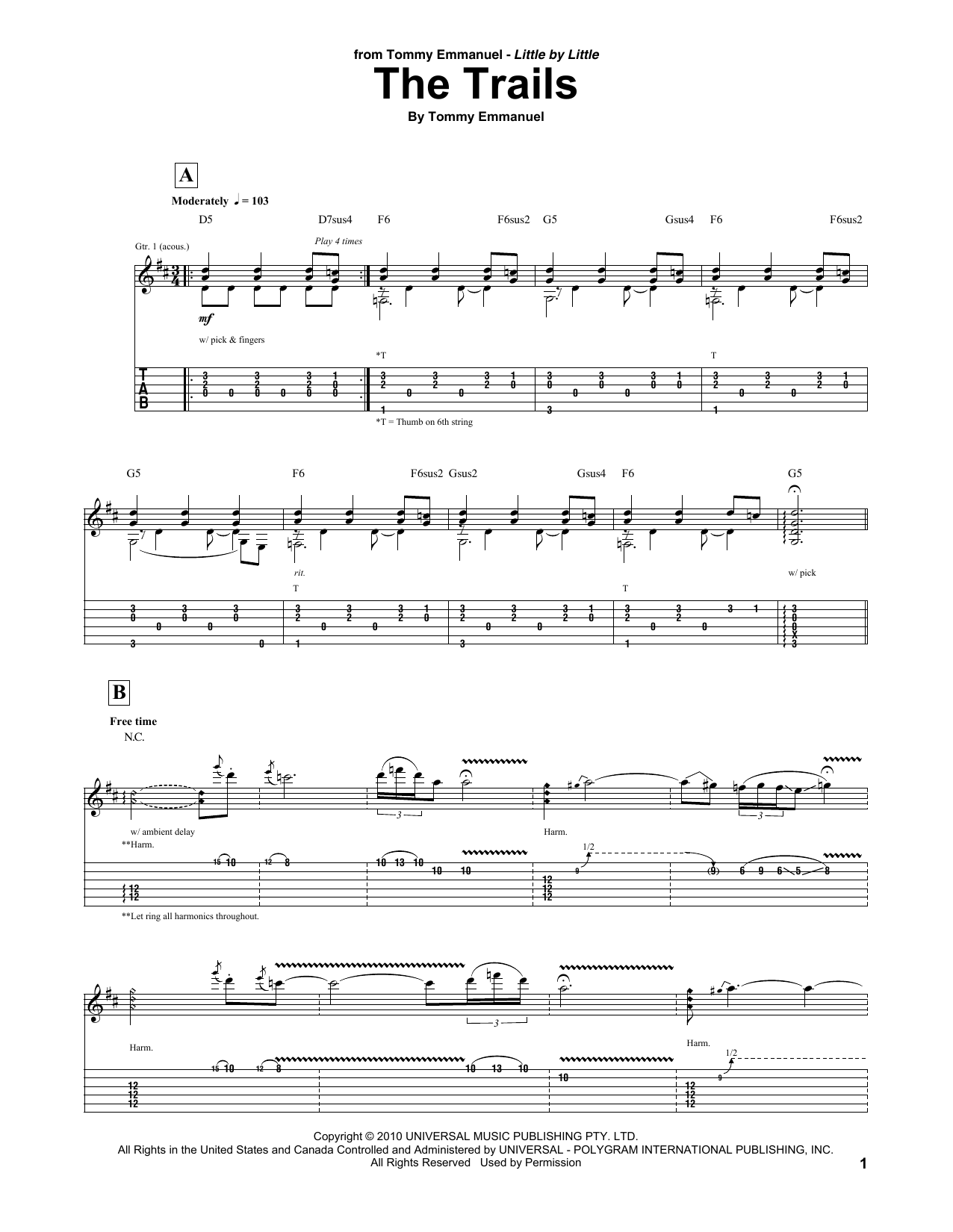 Download Tommy Emmanuel The Trails Sheet Music and learn how to play Guitar Tab PDF digital score in minutes