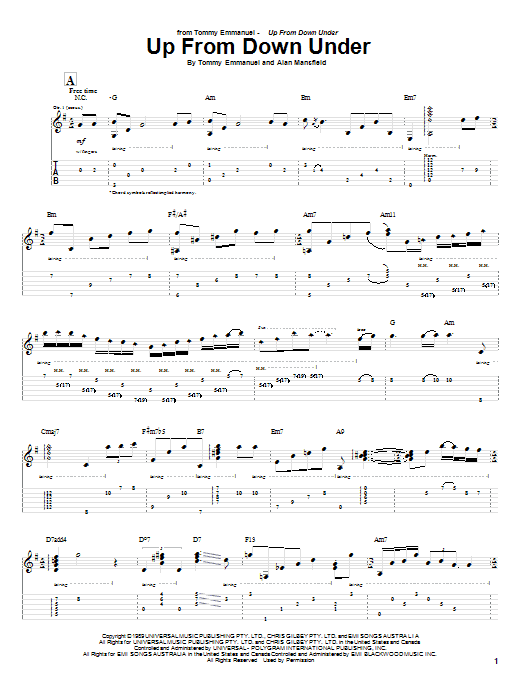 Download Tommy Emmanuel Up From Down Under Sheet Music and learn how to play Guitar Tab PDF digital score in minutes