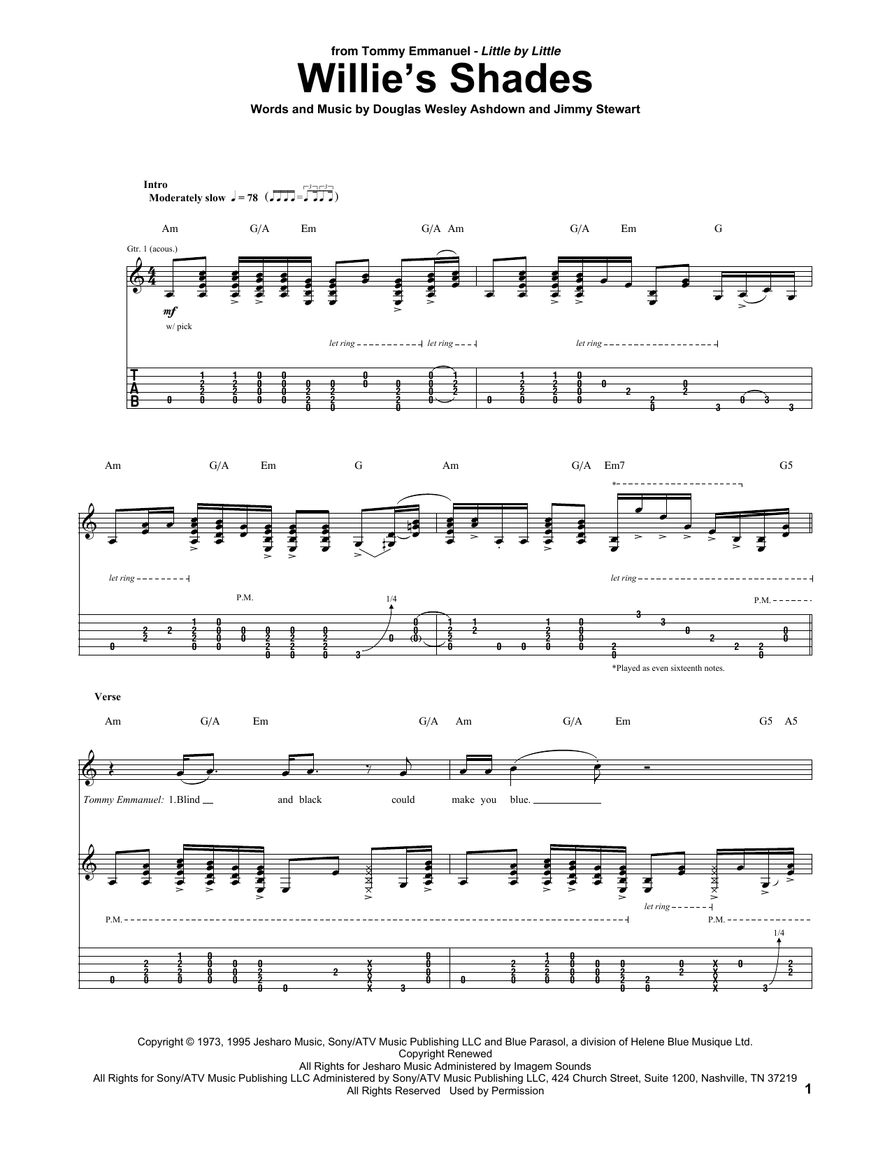 Download Tommy Emmanuel Willie's Shades Sheet Music and learn how to play Guitar Tab PDF digital score in minutes
