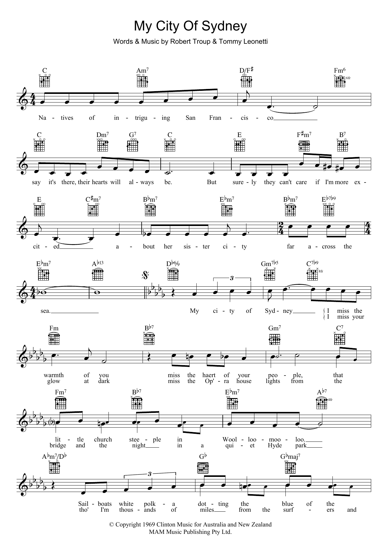 Download Tommy Leonetti My City Of Sydney Sheet Music and learn how to play Melody Line, Lyrics & Chords PDF digital score in minutes