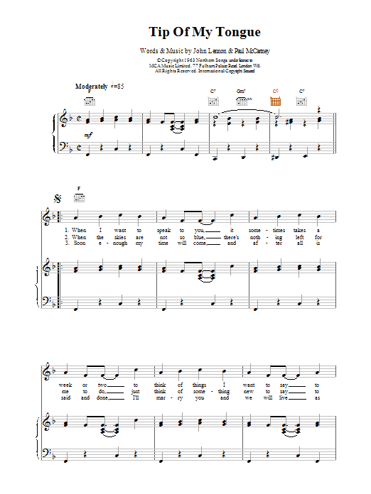 Download The Beatles Tip Of My Tongue Sheet Music and learn how to play Piano, Vocal & Guitar (Right-Hand Melody) PDF digital score in minutes
