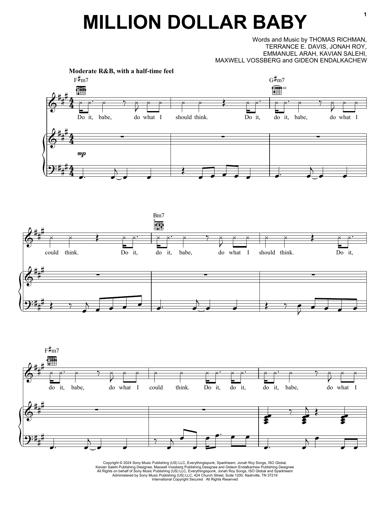 Download Tommy Richman MILLION DOLLAR BABY Sheet Music and learn how to play Piano, Vocal & Guitar Chords (Right-Hand Melody) PDF digital score in minutes