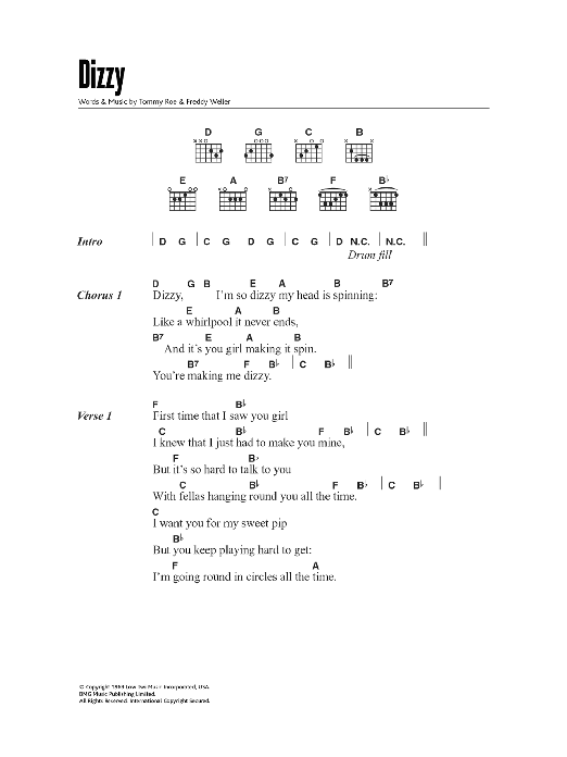 Download Tommy Roe Dizzy Sheet Music and learn how to play Lyrics & Chords PDF digital score in minutes