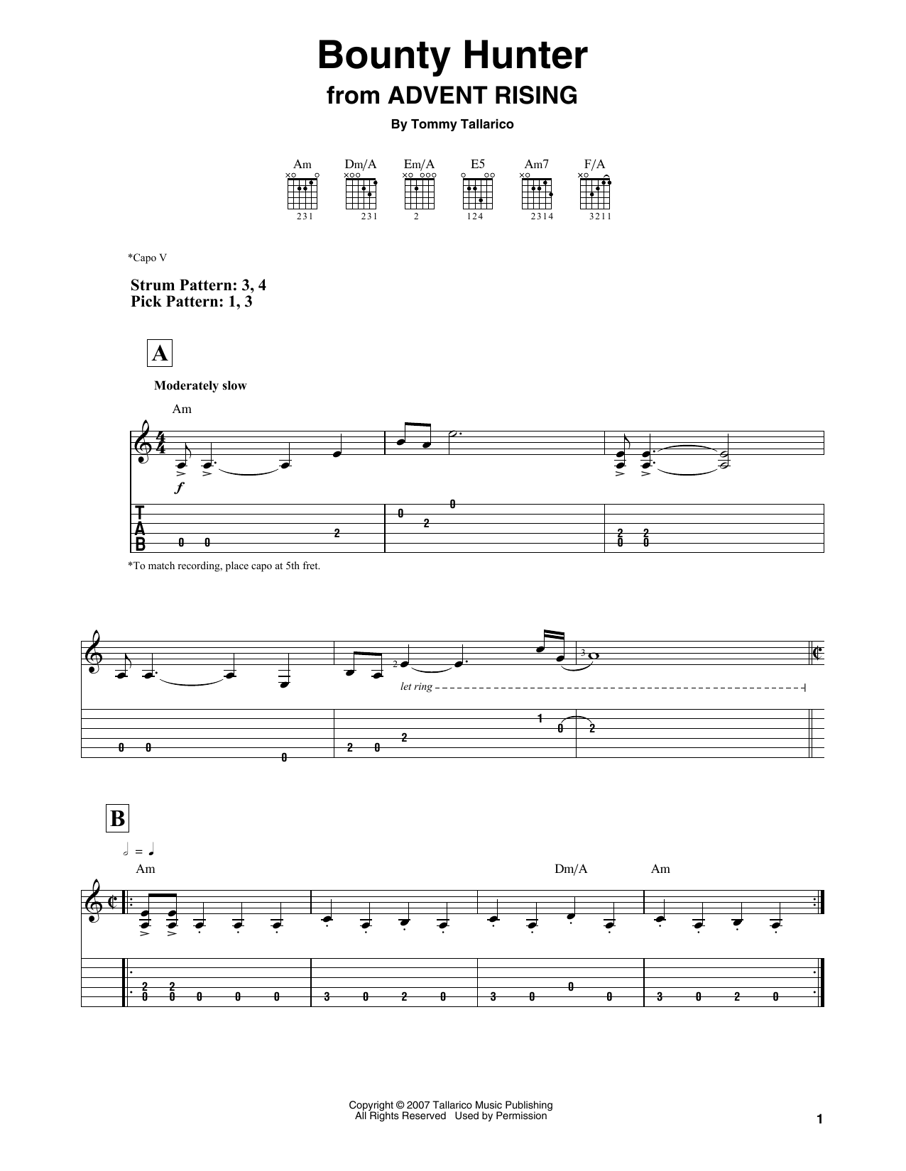 Download Tommy Tallarico Bounty Hunter (from Advent Rising) Sheet Music and learn how to play Easy Guitar Tab PDF digital score in minutes