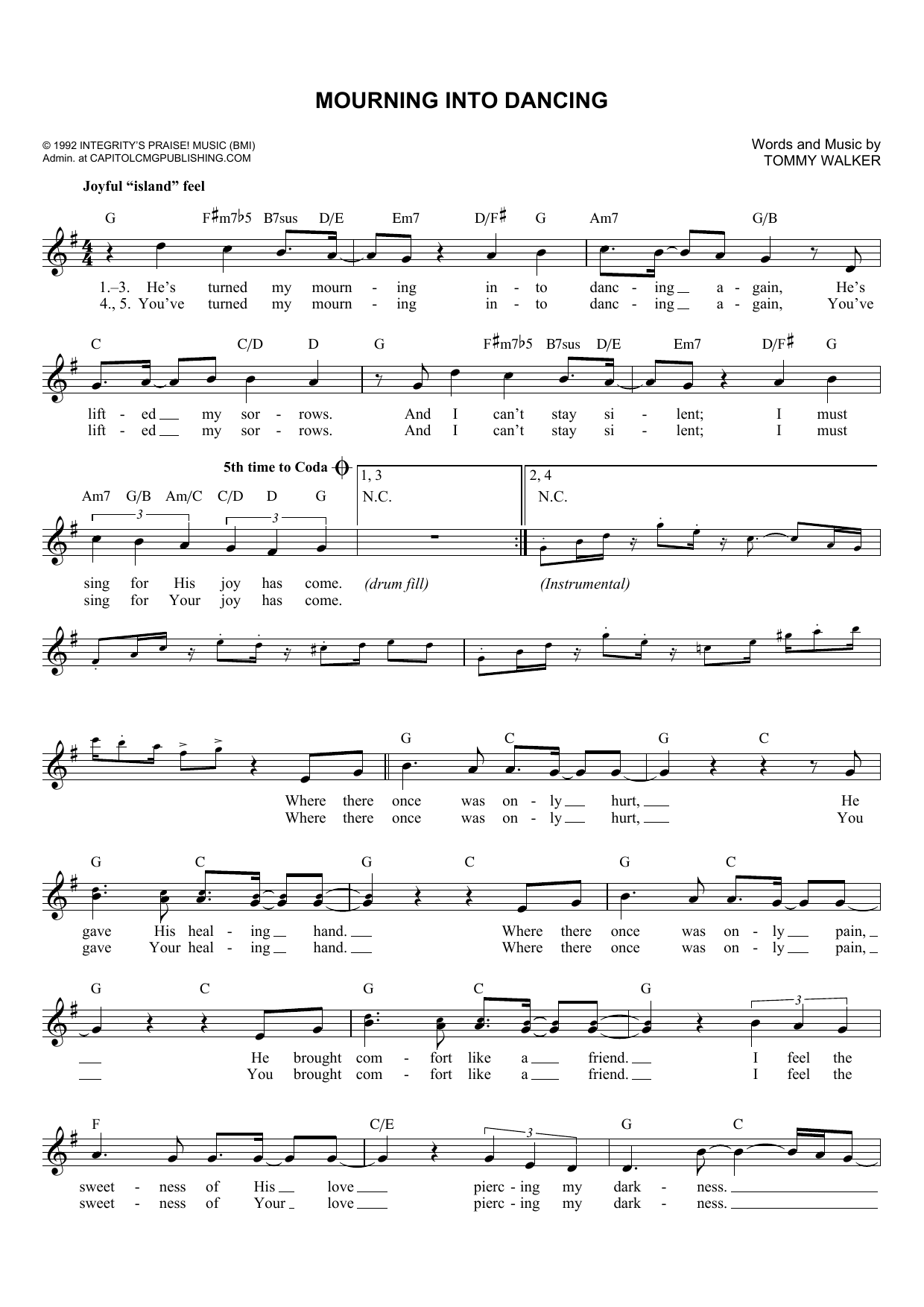 Download Tommy Walker Mourning Into Dancing Sheet Music and learn how to play Melody Line, Lyrics & Chords PDF digital score in minutes