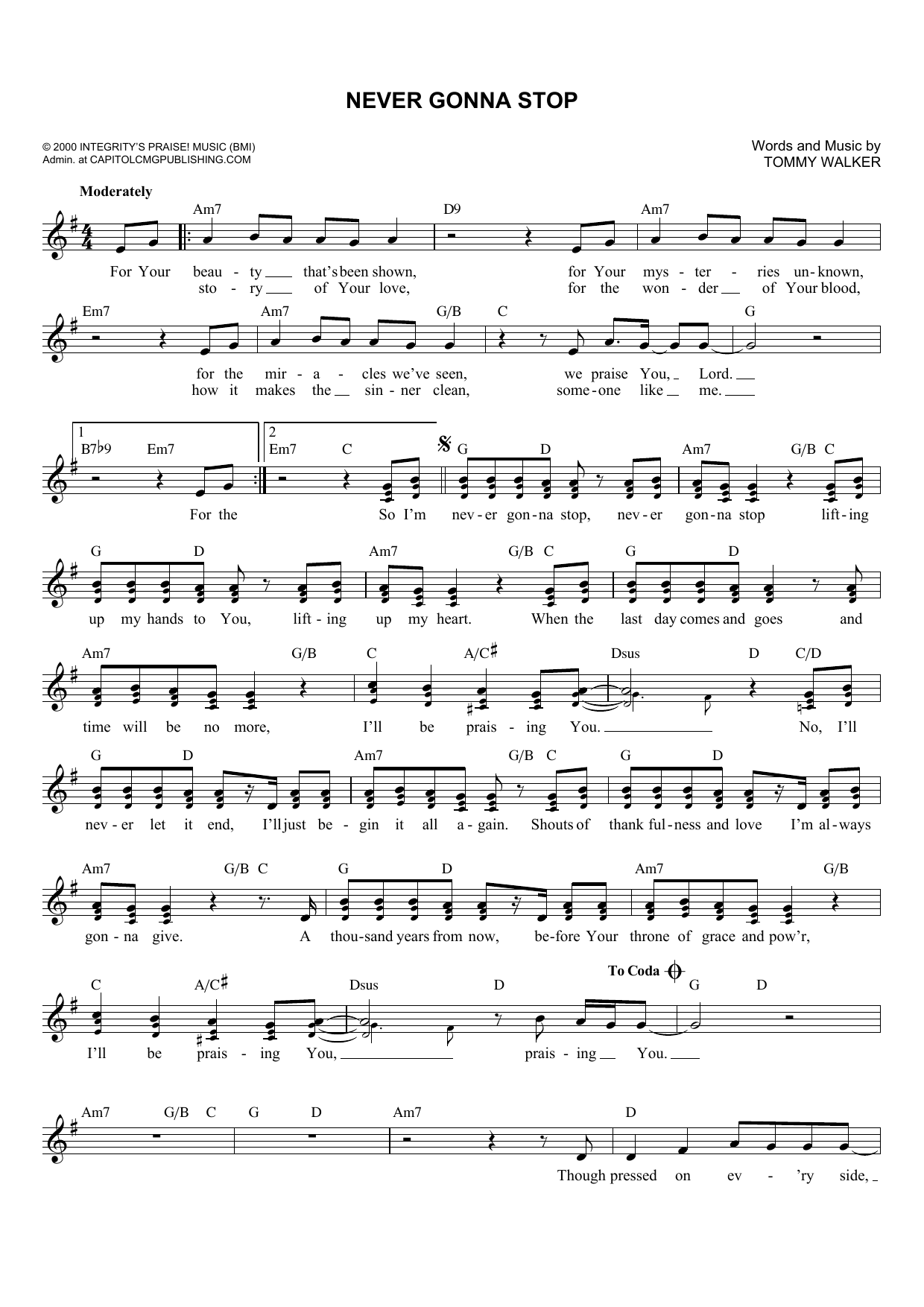 Download Tommy Walker Never Gonna Stop Sheet Music and learn how to play Melody Line, Lyrics & Chords PDF digital score in minutes