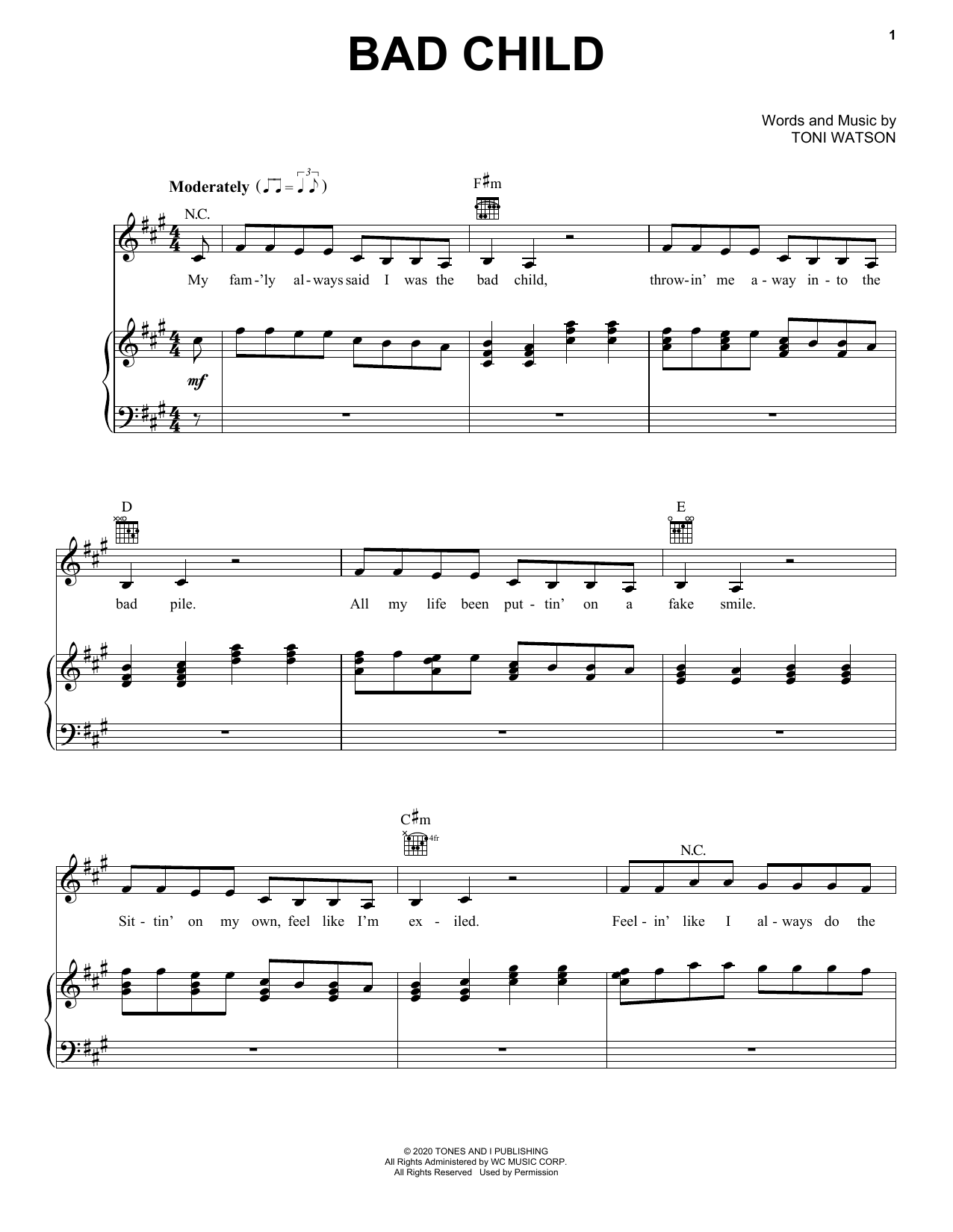 Download Tones And I Bad Child Sheet Music and learn how to play Piano, Vocal & Guitar Chords (Right-Hand Melody) PDF digital score in minutes