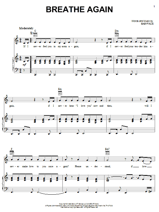 Download Toni Braxton Breathe Again Sheet Music and learn how to play Piano, Vocal & Guitar (Right-Hand Melody) PDF digital score in minutes