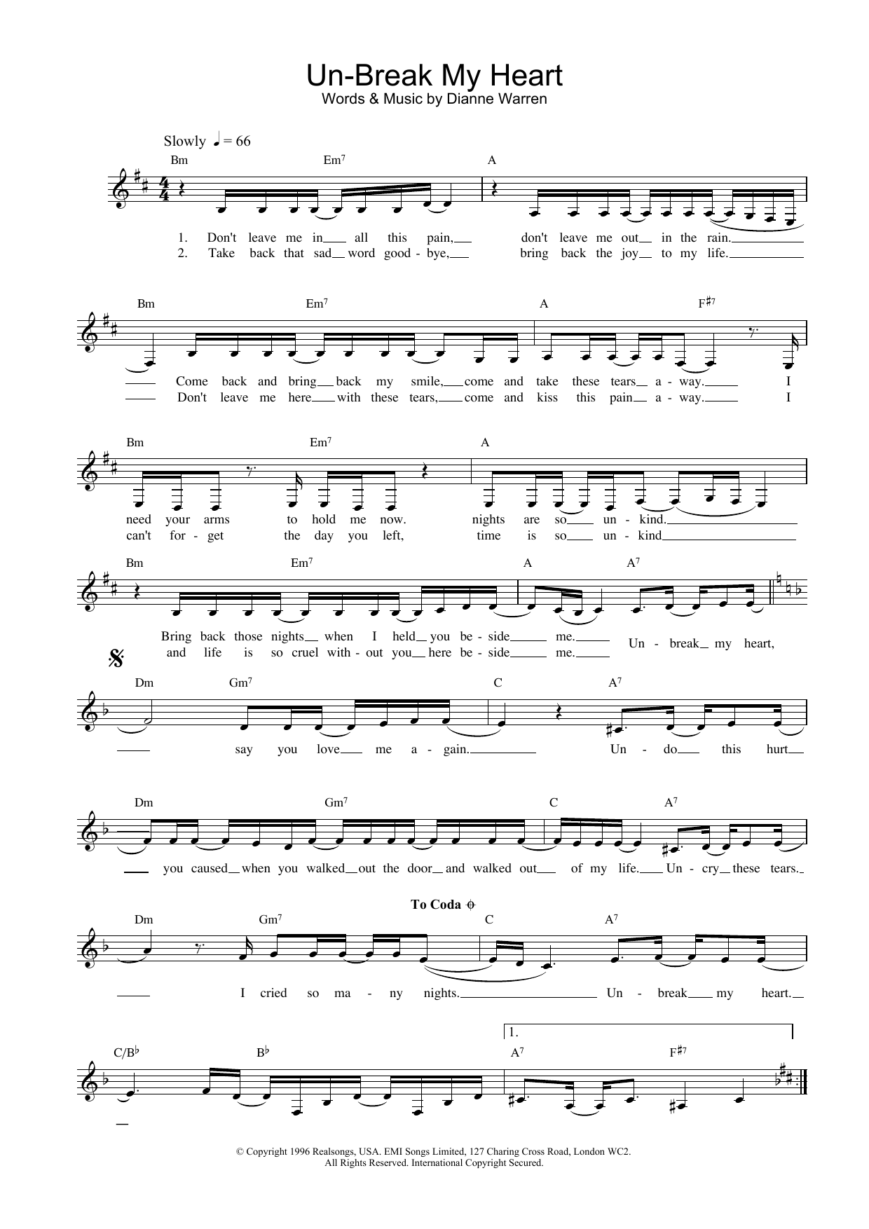 Download Diane Warren Un-break My Heart Sheet Music and learn how to play Piano & Vocal PDF digital score in minutes