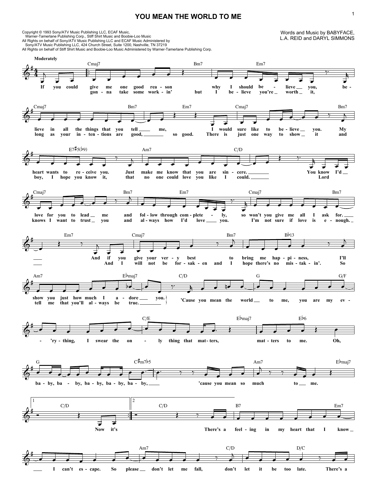 Download Toni Braxton You Mean The World To Me Sheet Music and learn how to play Lead Sheet / Fake Book PDF digital score in minutes