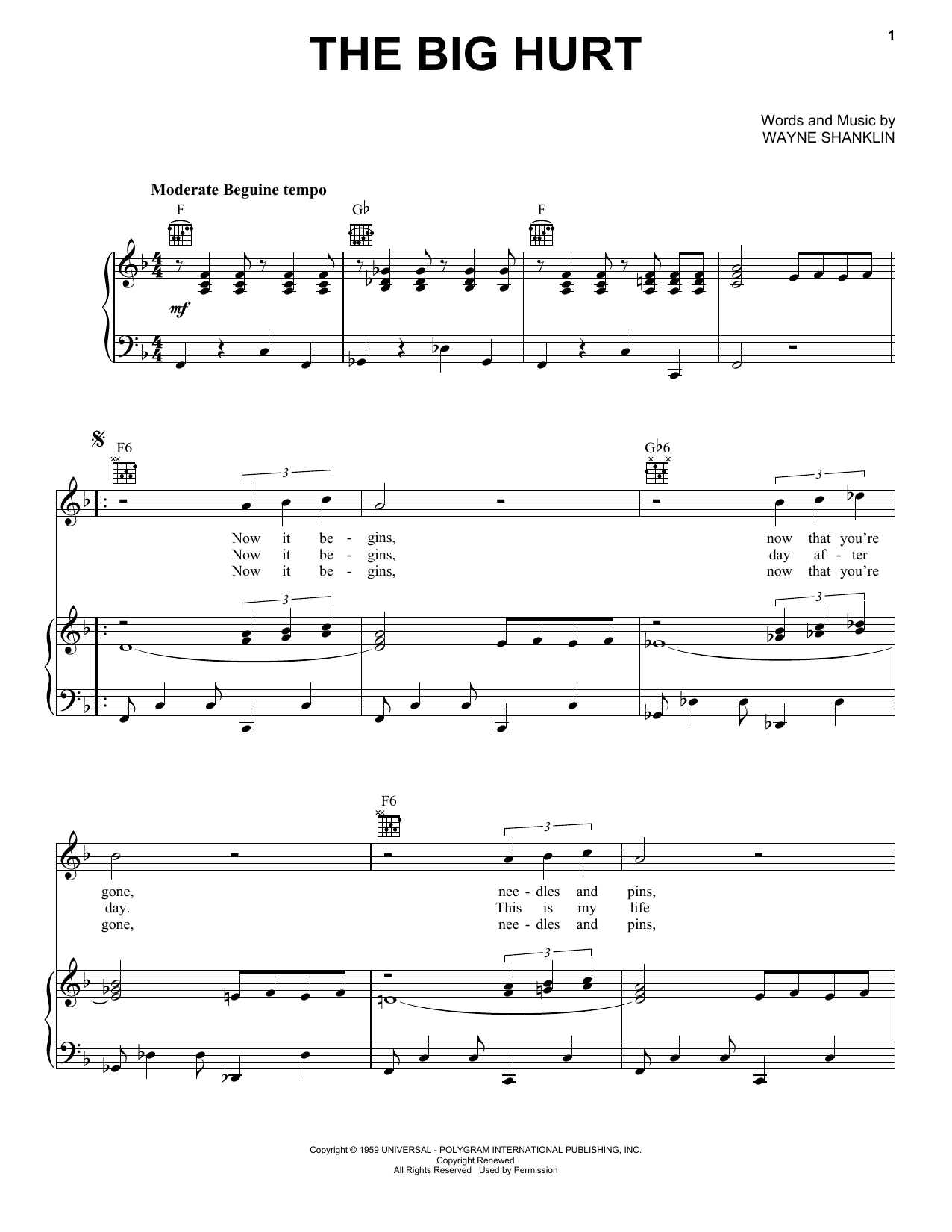 Download Toni Fisher The Big Hurt Sheet Music and learn how to play Piano, Vocal & Guitar Chords (Right-Hand Melody) PDF digital score in minutes