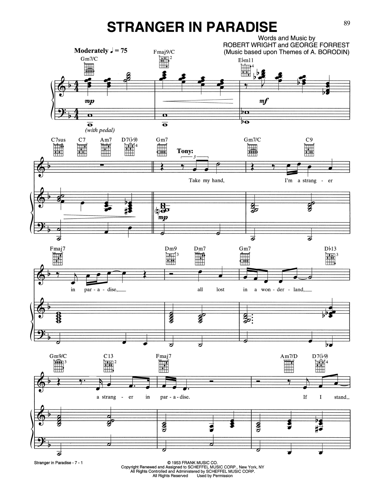 Download Tony Bennett & Andrea Bocelli Stranger In Paradise Sheet Music and learn how to play Piano, Vocal & Guitar Chords (Right-Hand Melody) PDF digital score in minutes