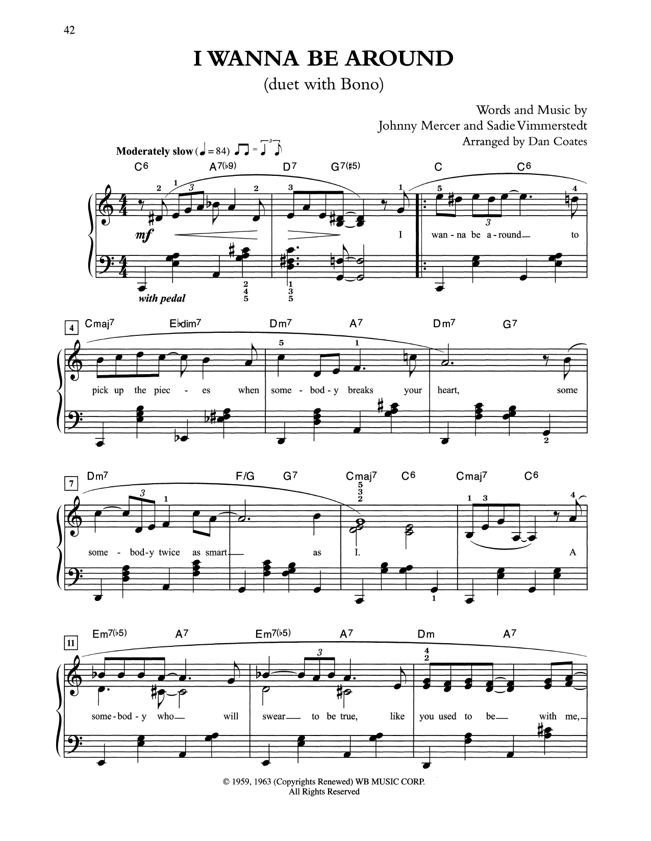 Download Tony Bennett & Bono I Wanna Be Around (arr. Dan Coates) Sheet Music and learn how to play Easy Piano PDF digital score in minutes