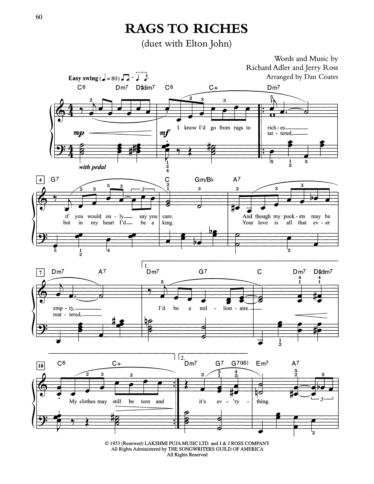 Download Tony Bennett & Elton John Rags To Riches (arr. Dan Coates) Sheet Music and learn how to play Easy Piano PDF digital score in minutes