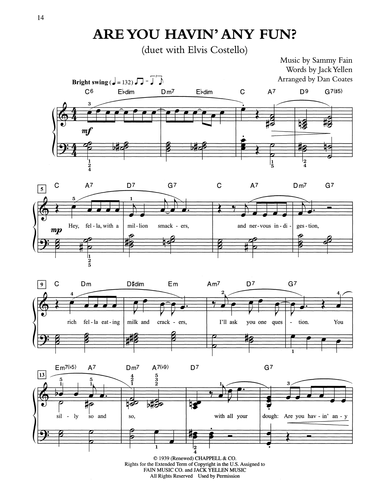 Download Tony Bennett & Elvis Costello Are You Havin' Any Fun? (arr. Dan Coates) Sheet Music and learn how to play Easy Piano PDF digital score in minutes