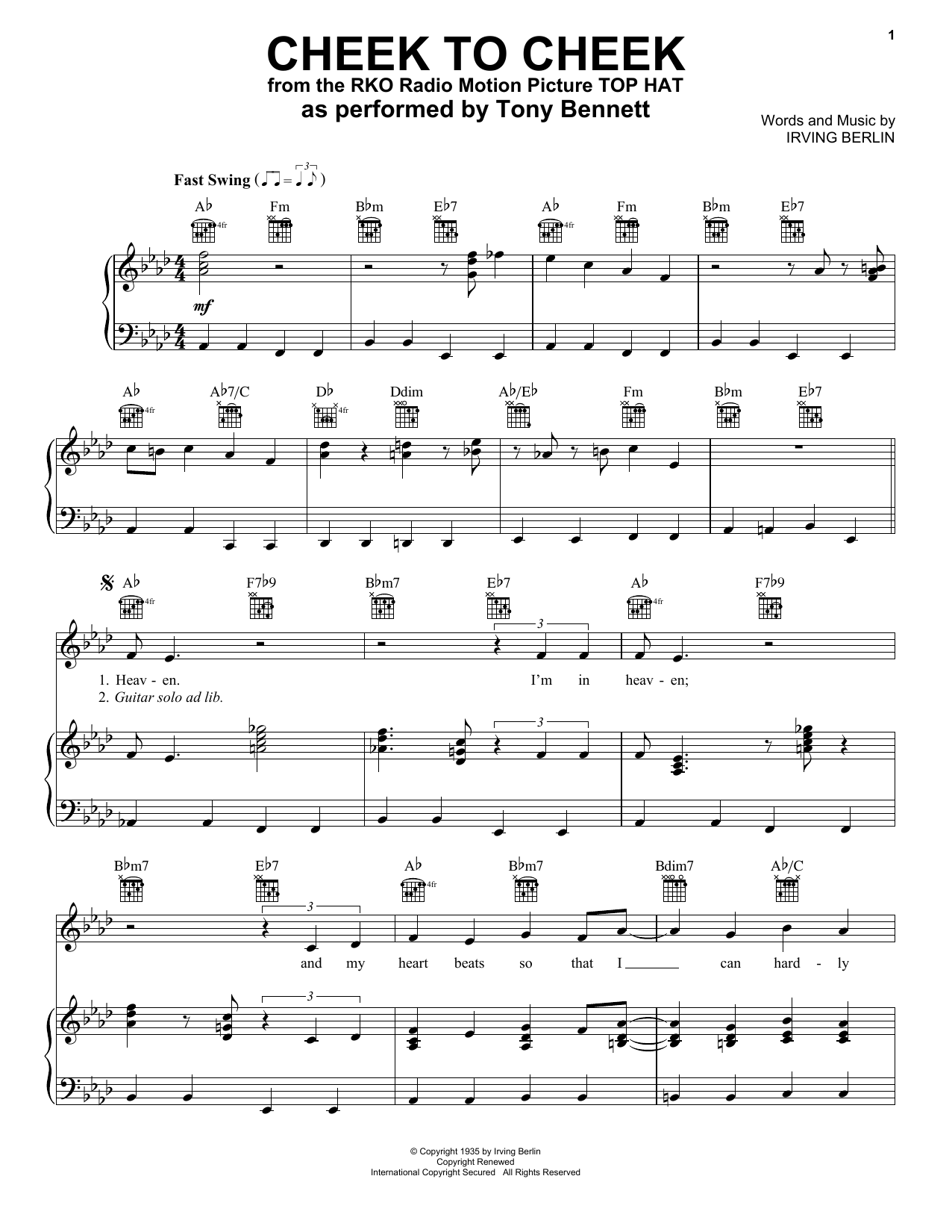 Download Tony Bennett & George Benson Cheek To Cheek Sheet Music and learn how to play Piano, Vocal & Guitar Chords (Right-Hand Melody) PDF digital score in minutes