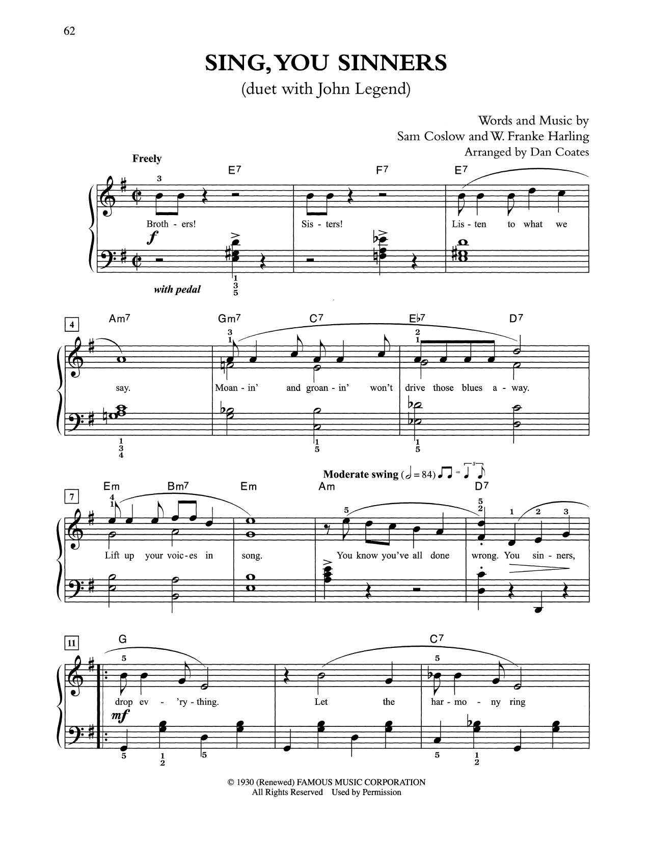 Download Tony Bennett & John Legend Sing, You Sinners (arr. Dan Coates) Sheet Music and learn how to play Easy Piano PDF digital score in minutes