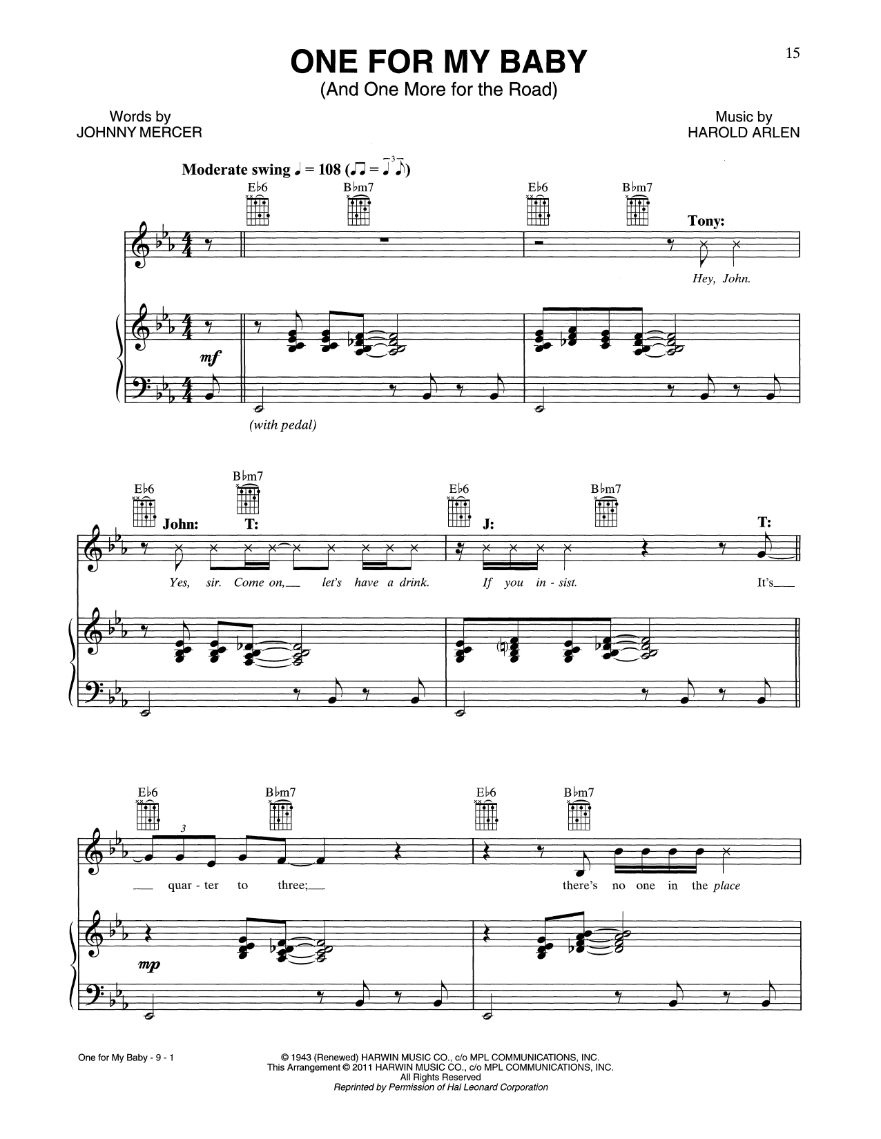 Download Tony Bennett & John Mayer One For My Baby (And One More For The Road) Sheet Music and learn how to play Piano, Vocal & Guitar Chords (Right-Hand Melody) PDF digital score in minutes