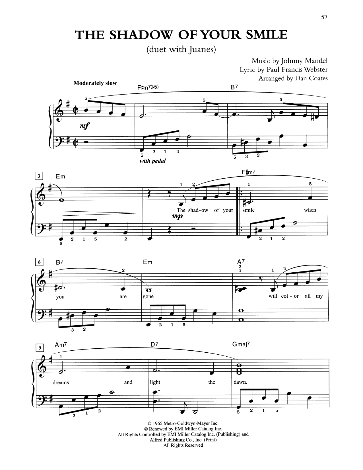Download Tony Bennett & Juanes The Shadow Of Your Smile (arr. Dan Coates) Sheet Music and learn how to play Easy Piano PDF digital score in minutes