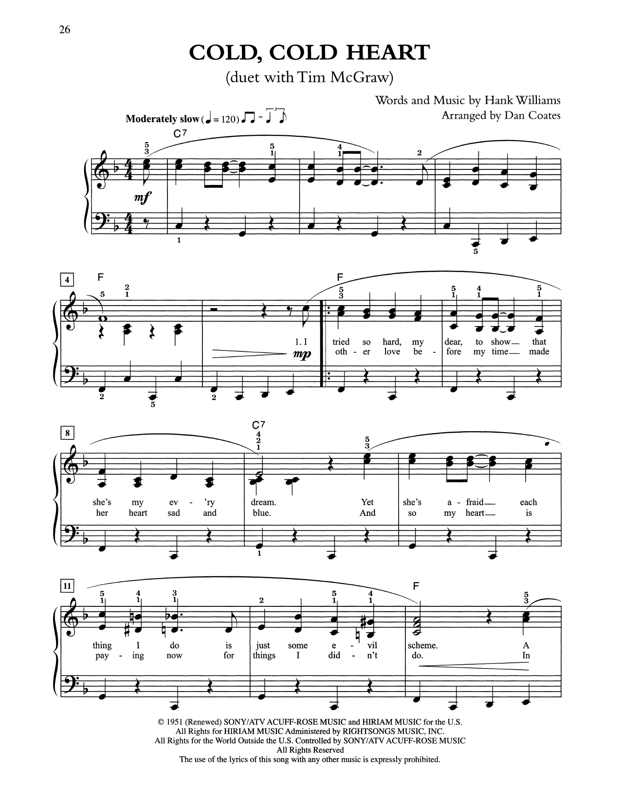 Download Tony Bennett & Tim McGraw Cold, Cold Heart (arr. Dan Coates) Sheet Music and learn how to play Easy Piano PDF digital score in minutes