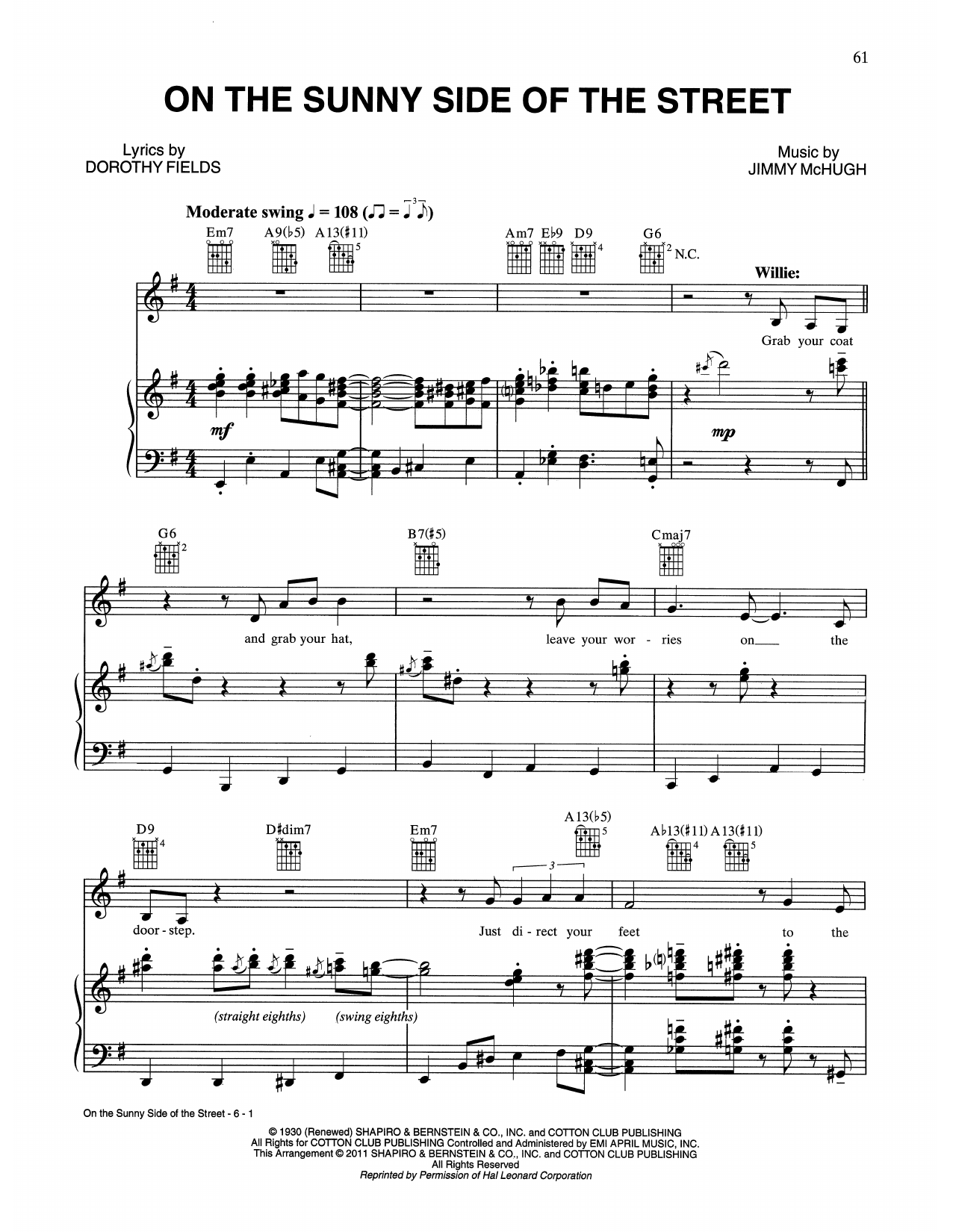 Download Tony Bennett & Willie Nelson On The Sunny Side Of The Street Sheet Music and learn how to play Piano, Vocal & Guitar Chords (Right-Hand Melody) PDF digital score in minutes