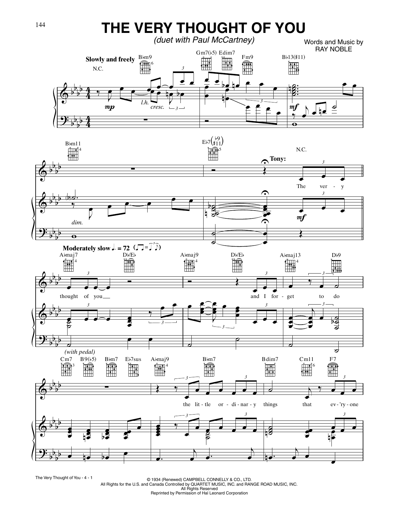 Download Tony Bennett and Paul McCartney The Very Thought Of You Sheet Music and learn how to play Piano, Vocal & Guitar Chords (Right-Hand Melody) PDF digital score in minutes