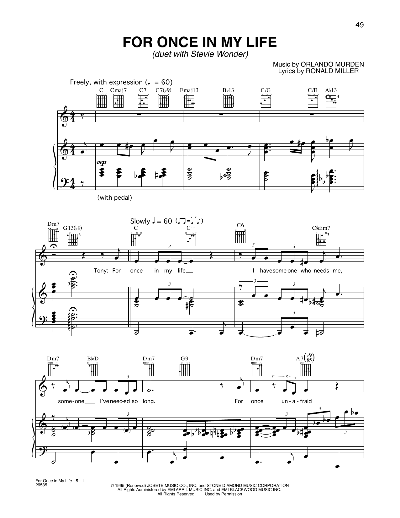 Download Tony Bennett and Stevie Wonder For Once In My Life Sheet Music and learn how to play Piano, Vocal & Guitar Chords (Right-Hand Melody) PDF digital score in minutes