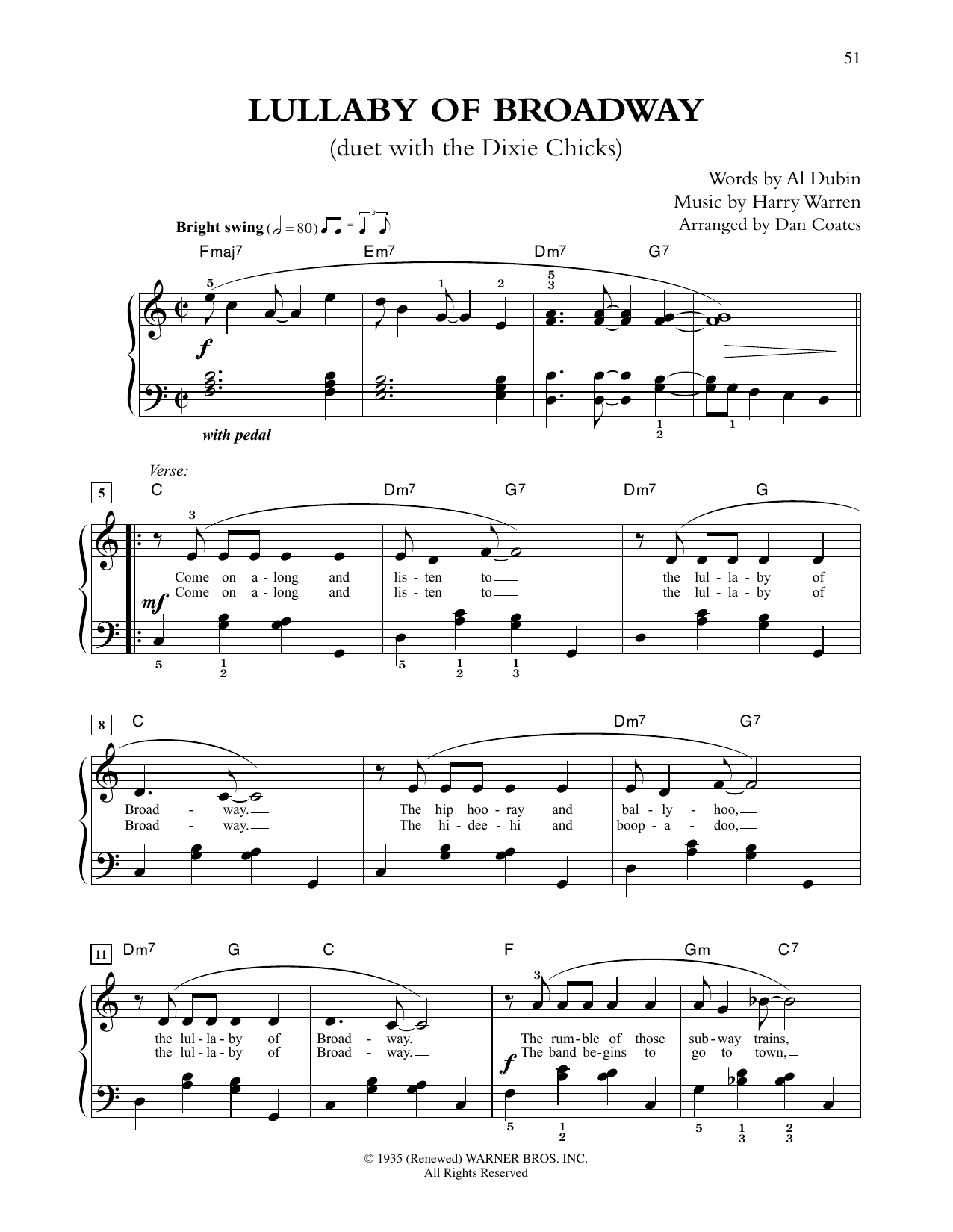 Download Tony Bennett and The Chicks Lullaby Of Broadway (from Gold Diggers of 1935) (arr. Dan Coates) Sheet Music and learn how to play Easy Piano PDF digital score in minutes