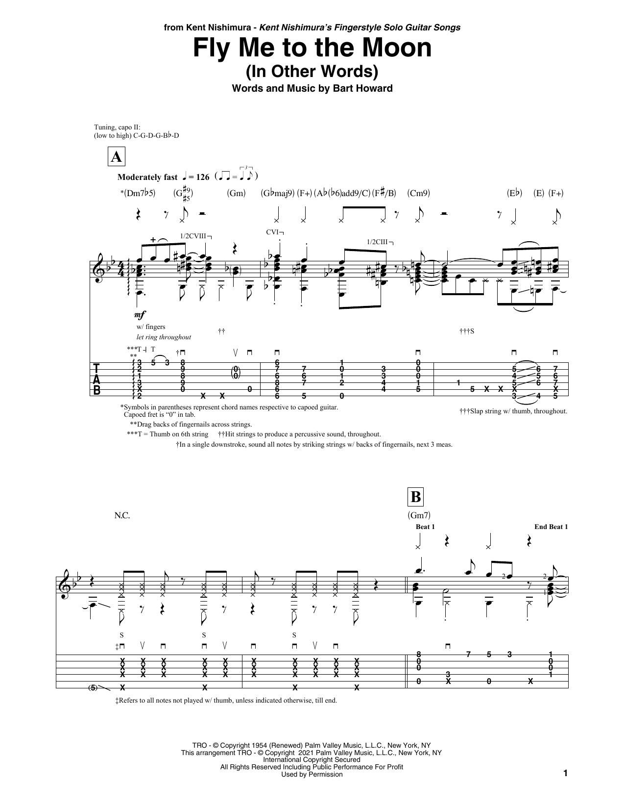 Download Tony Bennett Fly Me To The Moon (In Other Words) (arr. Kent Nishimura) Sheet Music and learn how to play Solo Guitar PDF digital score in minutes